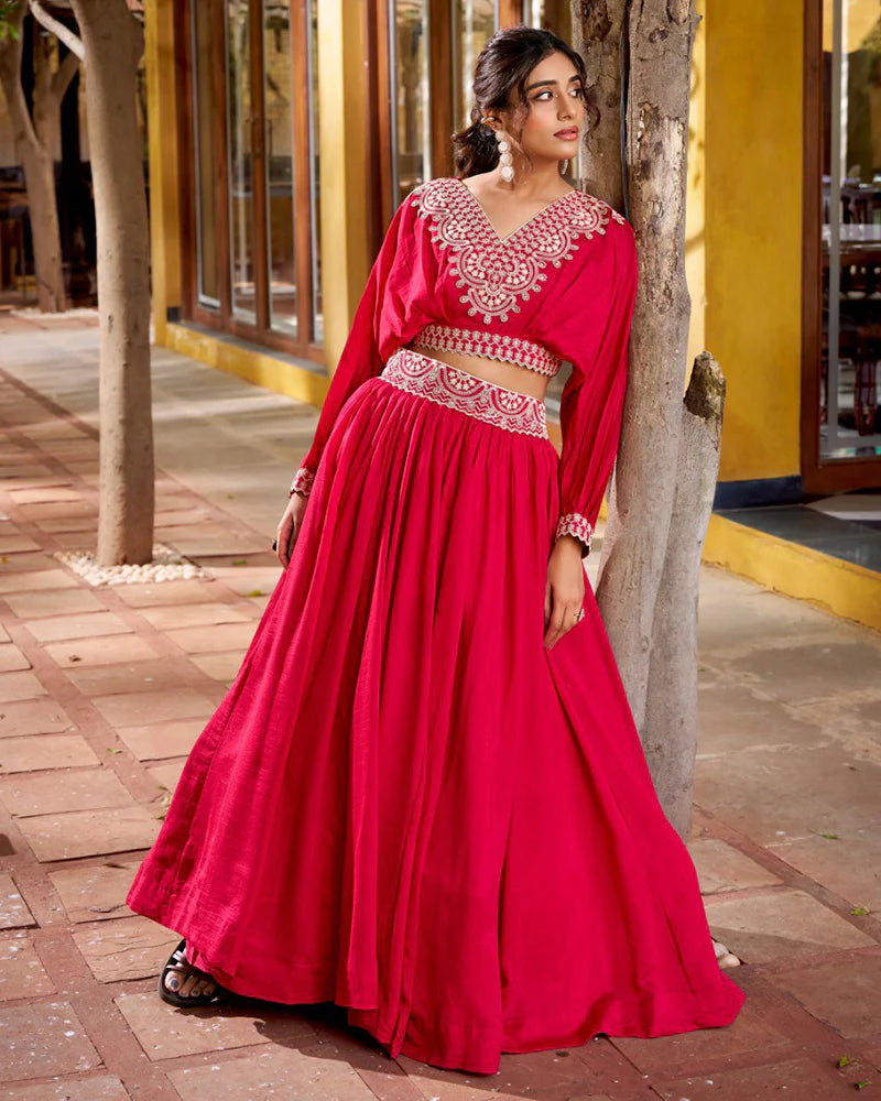 Womenline Rani Pink Color Vichitra Silk Embroidered Lehenga Choli