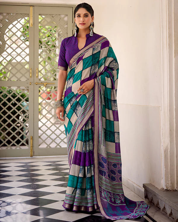 Womenline Purple Color Polyester Chanderi Printed Saree
