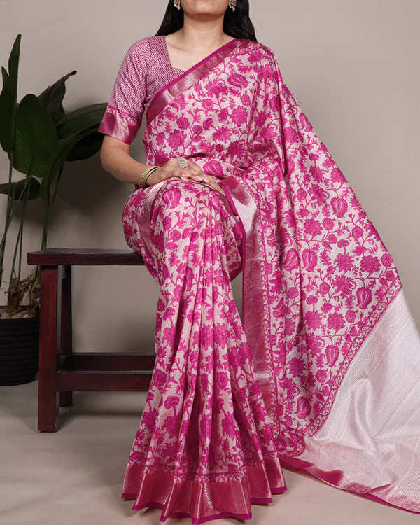 Womenline Pink Color Designer Tasar Silk Printed Saree