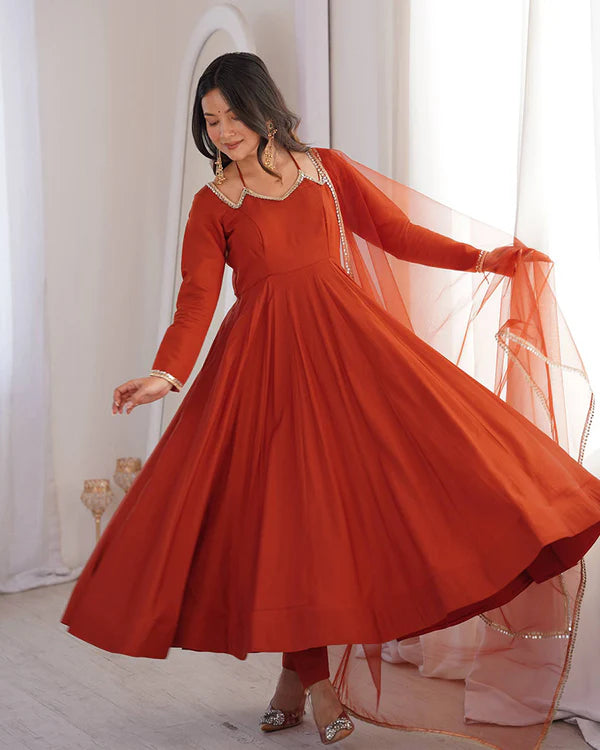 Womenline Rust Orange Color Chanderi Roman Silk Three Piece Anarkali Suit