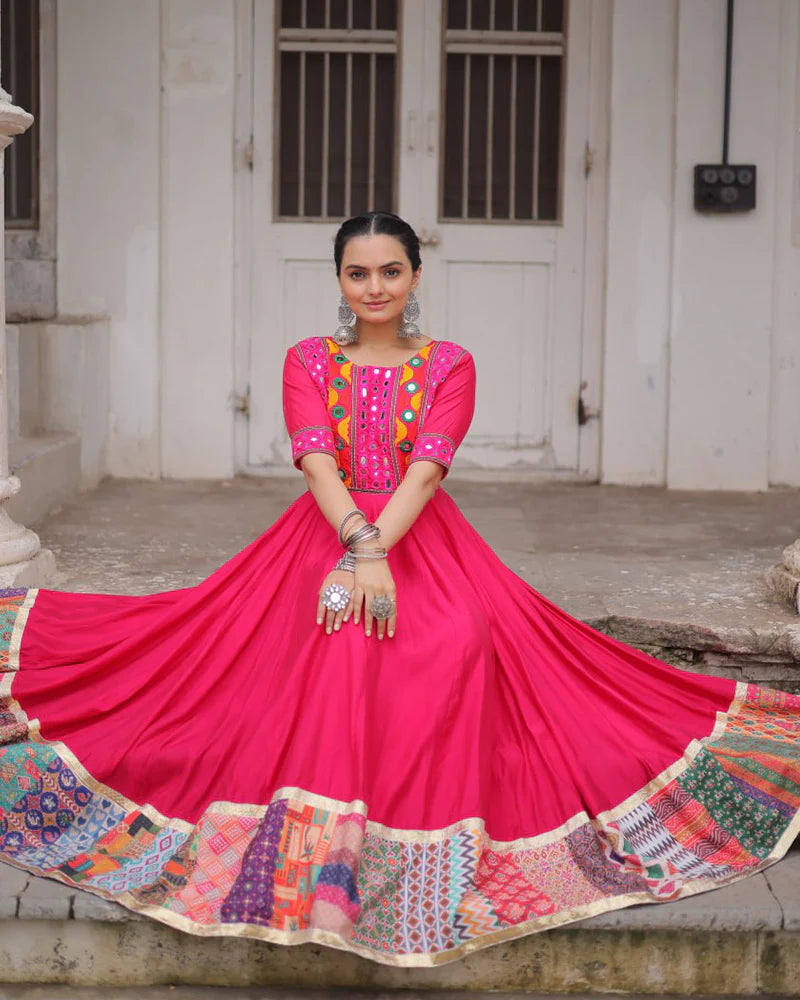 Womenline Colorful Border Pink Color Roman Silk Gamthi Work Navratri Gown