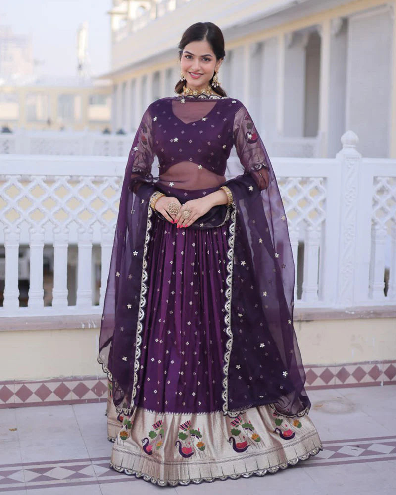Womenline Wine Color Dola Silk Embroidered Lehenga Choli