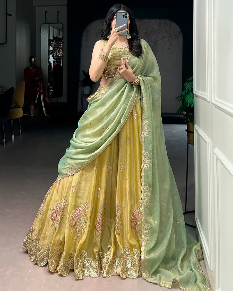 Womenline Yellow Color Moss Silk Embroidered Lehenga Choli