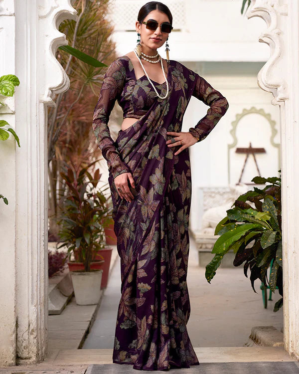 Womenline Wine Color Lurex Brasso Viscose Saree