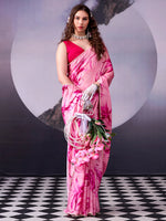 Womenline Stuning Pink Color Floral Print Satin Silk Saree