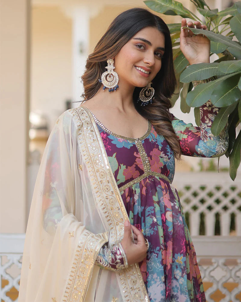 Womenline Wedding Wear Floral Embroidered Wine Color Alia Cut Gown With Dupatta