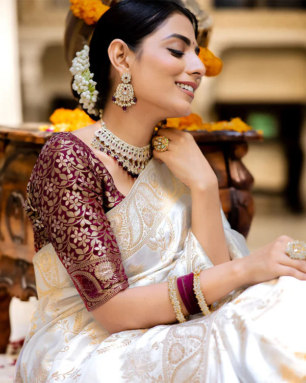 Womenline White Color Banarasi Jacquard Zari Weaving Saree