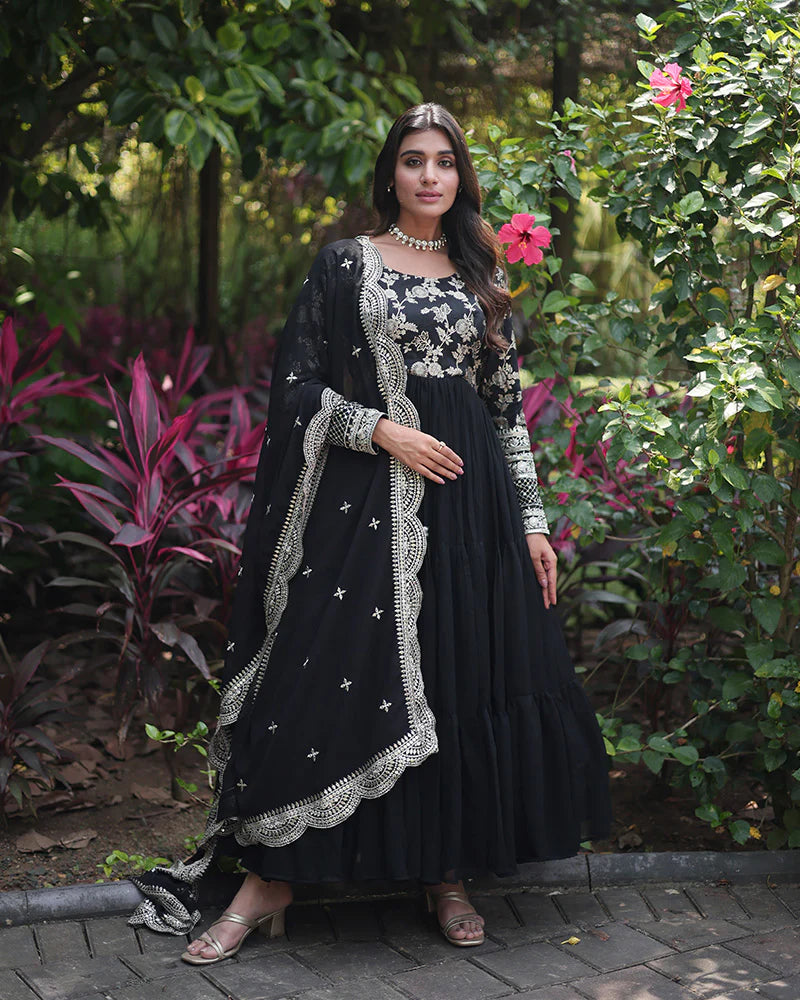 Womenline Black Color Anarkali Gown With Faux Blooming Dupatta