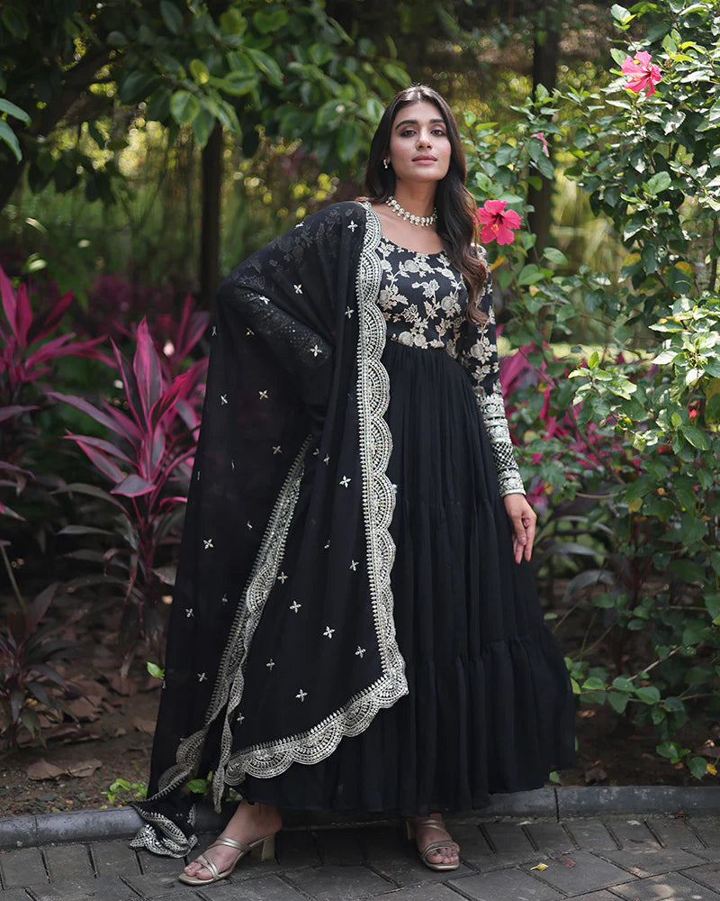 Womenline Black Color Anarkali Gown With Faux Blooming Dupatta