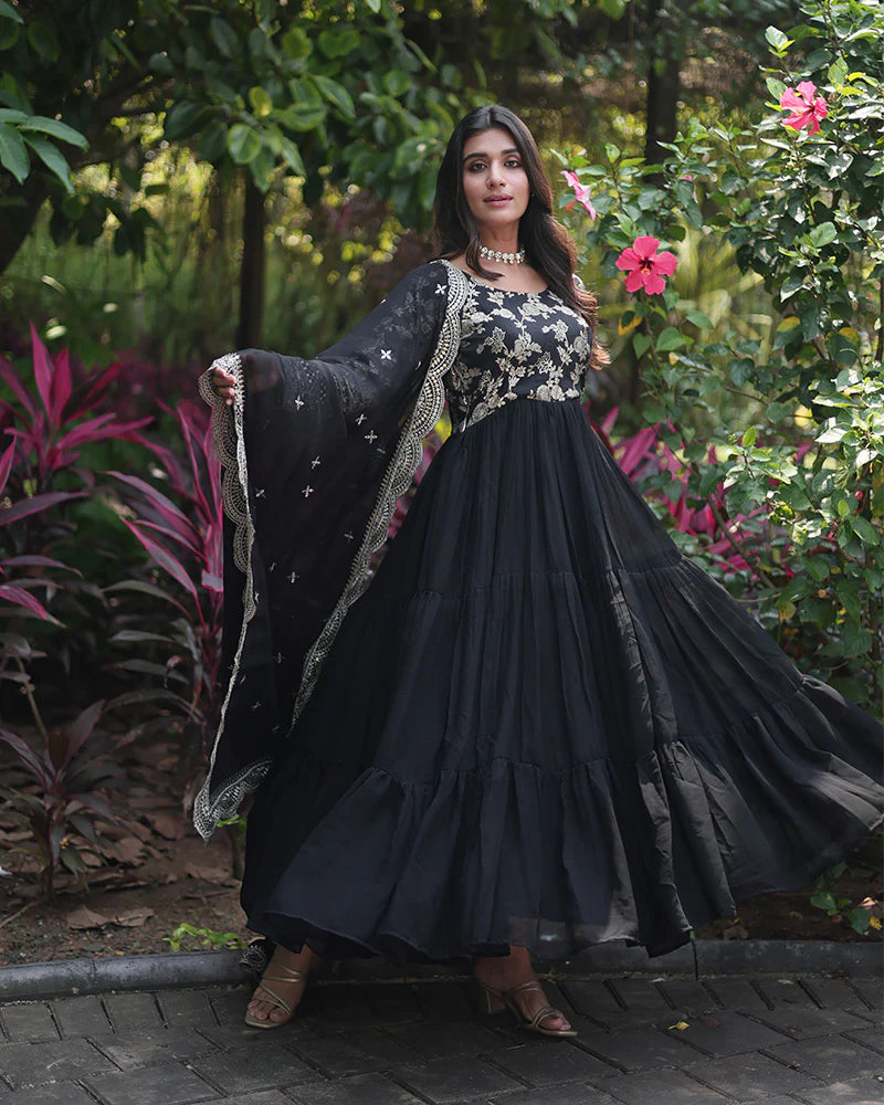 Womenline Black Color Anarkali Gown With Faux Blooming Dupatta