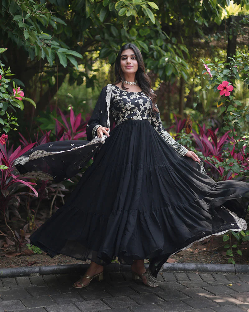 Womenline Black Color Anarkali Gown With Faux Blooming Dupatta