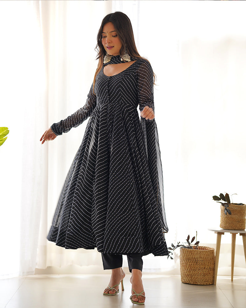 Womenline Black Color Laheriya Print Georgette Three Piece Anarkali Suit