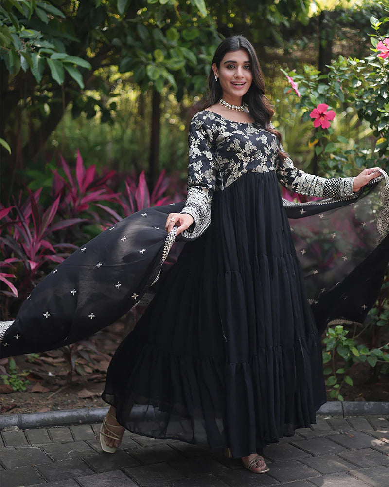 Womenline Black Color Anarkali Gown With Faux Blooming Dupatta