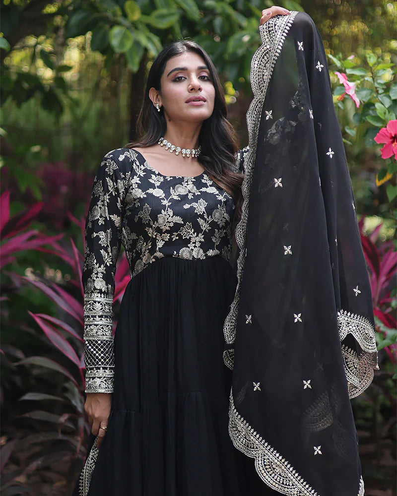 Womenline Black Color Anarkali Gown With Faux Blooming Dupatta