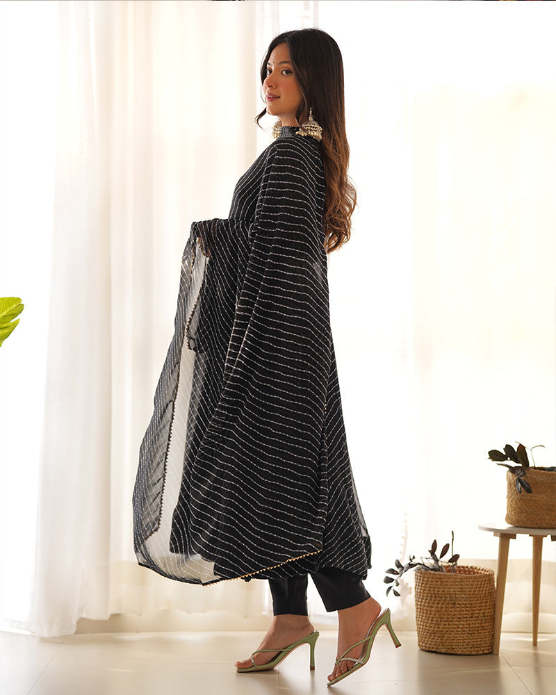 Womenline Black Color Laheriya Print Georgette Three Piece Anarkali Suit