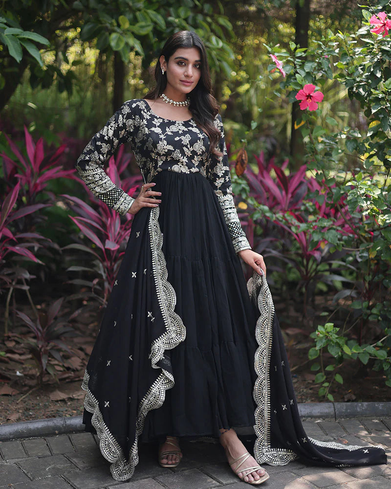 Womenline Black Color Anarkali Gown With Faux Blooming Dupatta