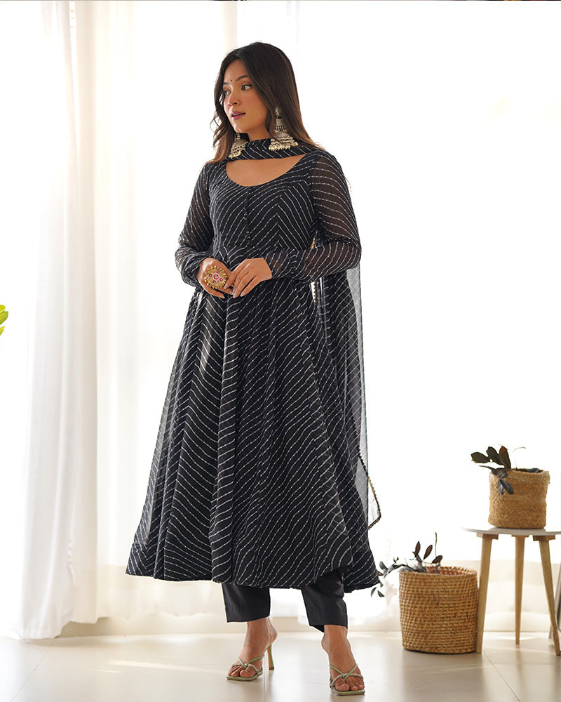 Womenline Black Color Laheriya Print Georgette Three Piece Anarkali Suit