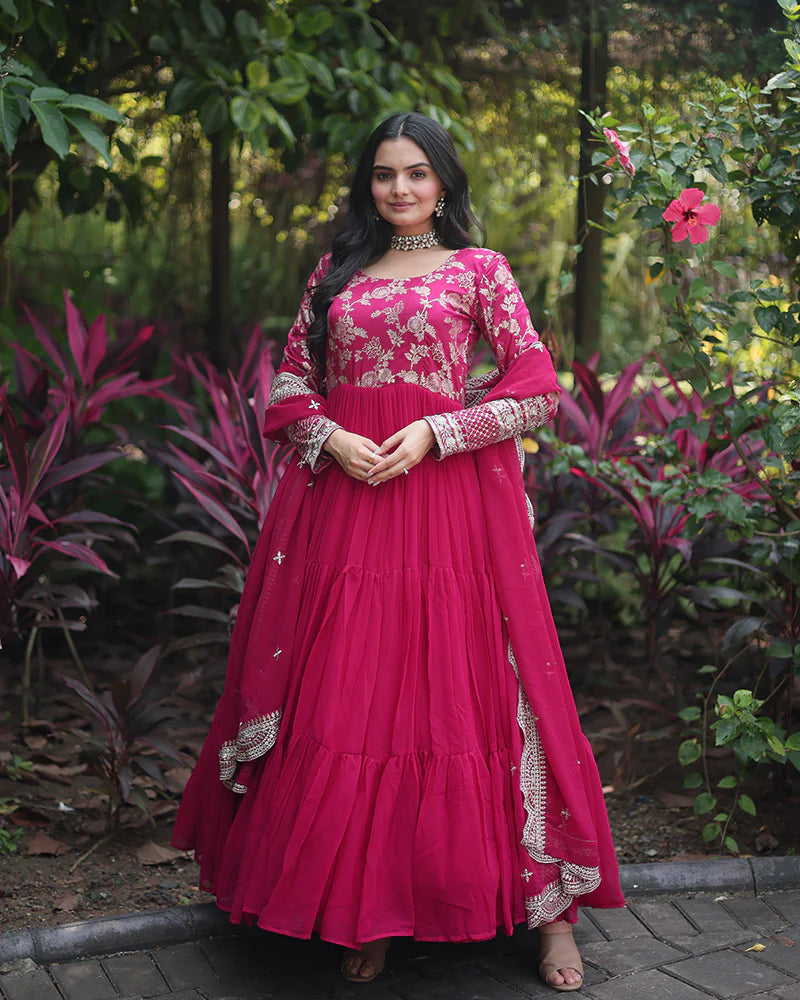 Womenline Pink Color Anarkali Gown With Faux Blooming Dupatta