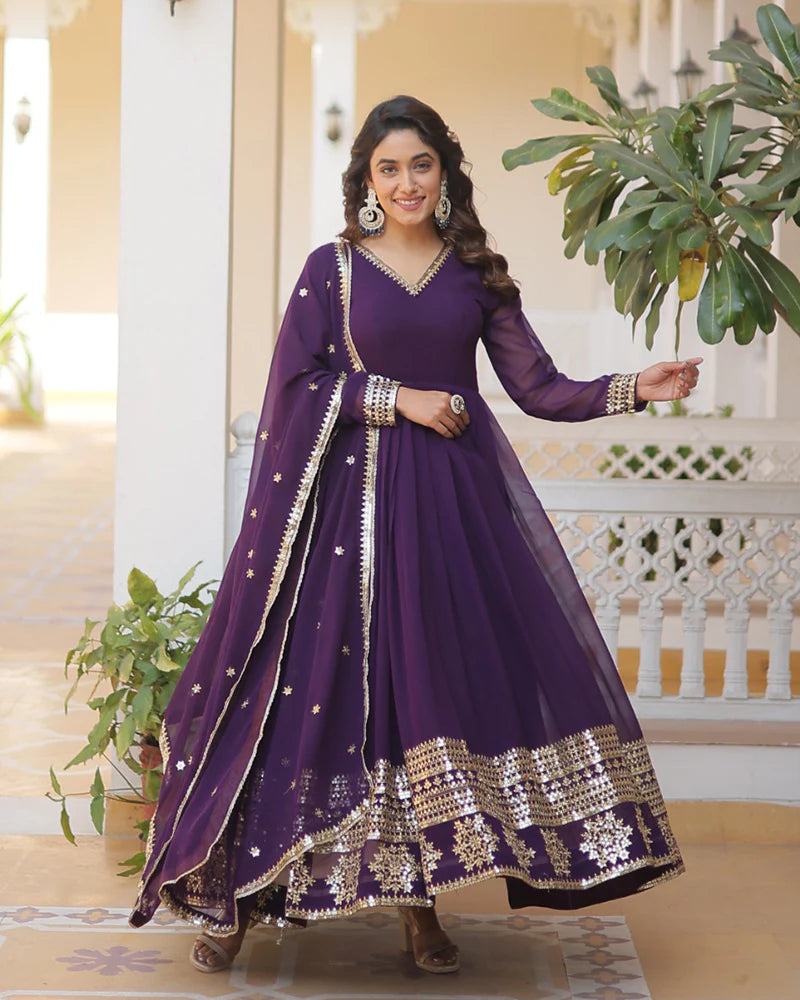 Womenline Exclusive Wine Color Attractive Sequence Embroidery work Gown