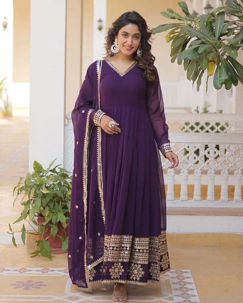 Womenline Exclusive Wine Color Attractive Sequence Embroidery work Gown