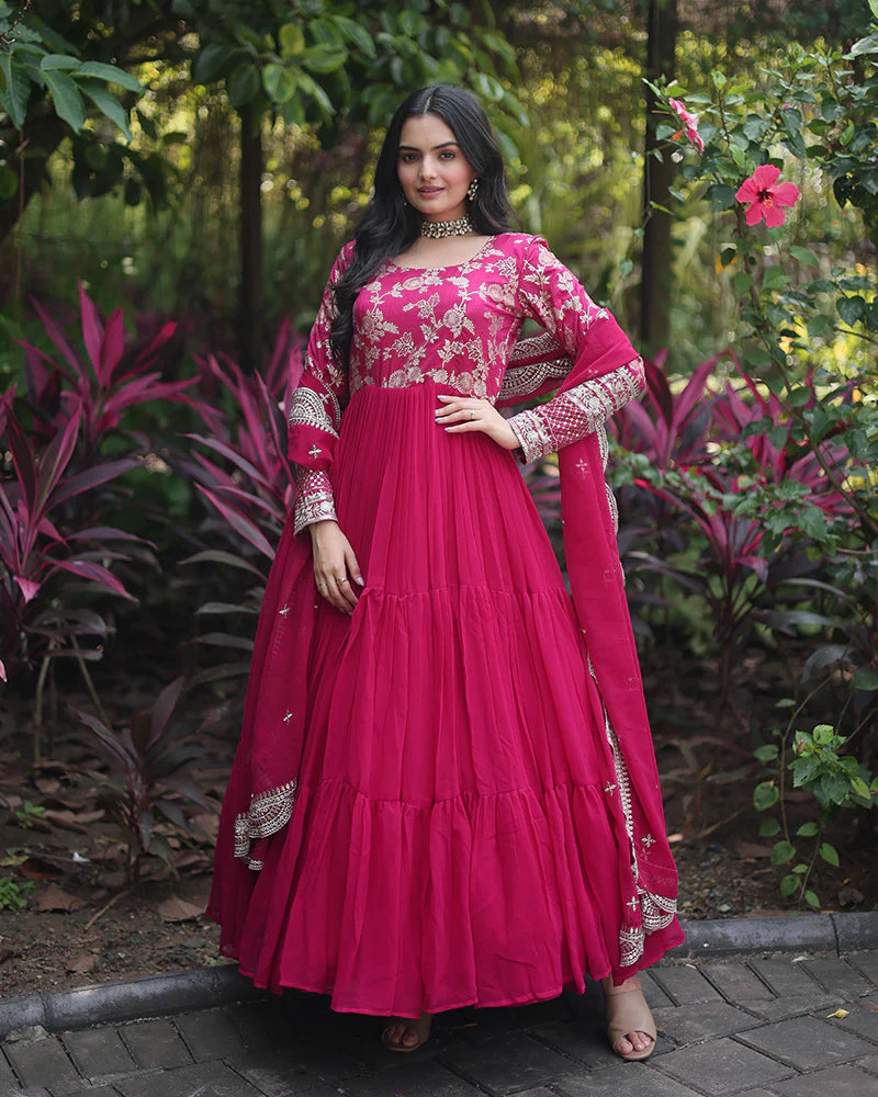 Womenline Pink Color Anarkali Gown With Faux Blooming Dupatta