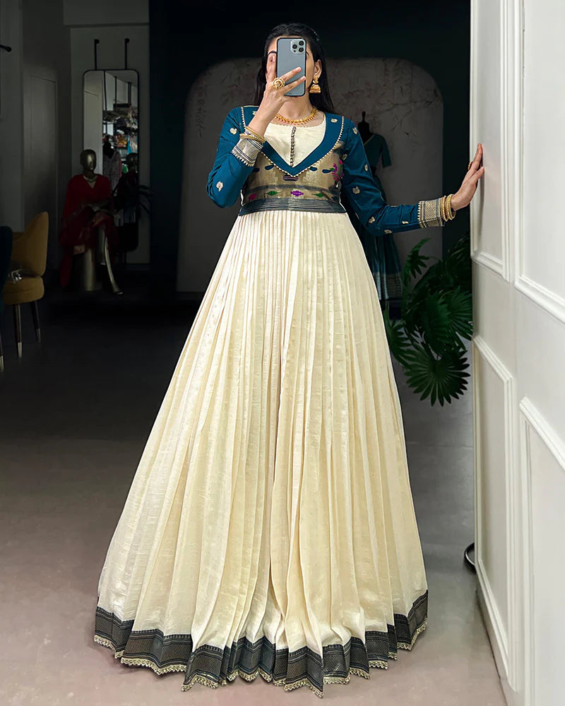 Womenline Off-White Color Vichitra Silk Zari Weaving Gown