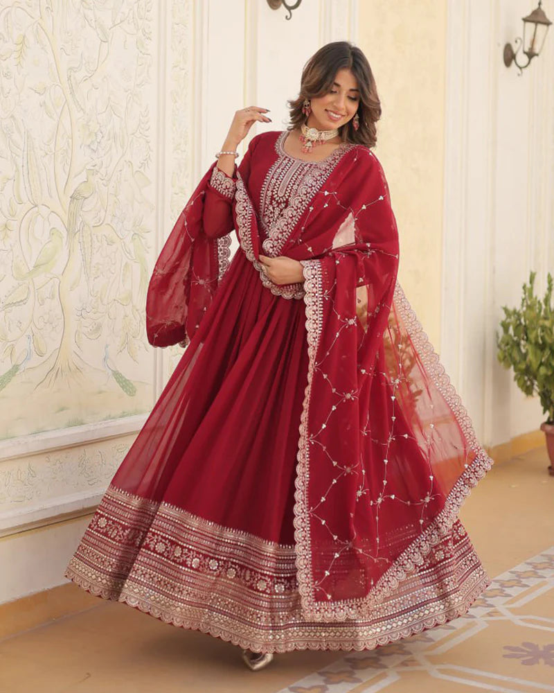 Womenline Maroon Color Faux Blooming Rich Sequence Embroidered Gown