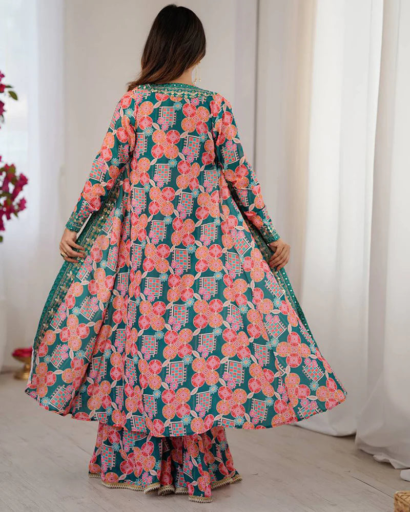 Womenline Bottle Green Color Muslin Cotton Printed Plazzo Suit