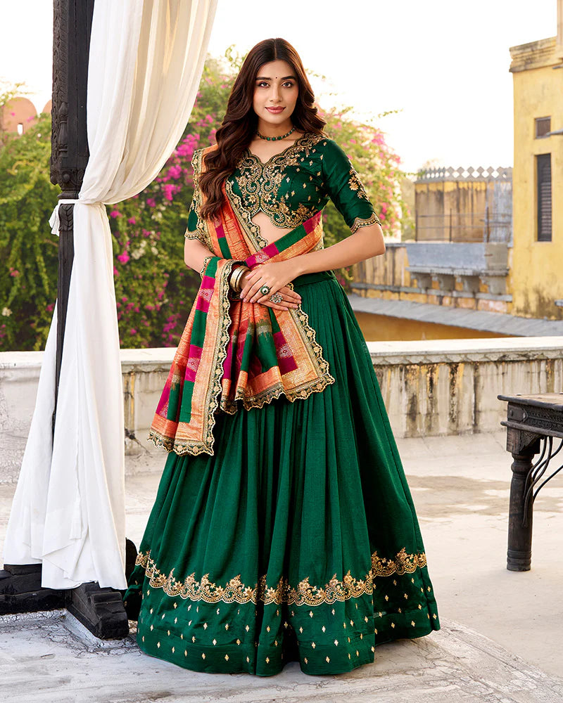 Womenline Designer Green Color Vichitra Silk Embroidered Lehenga Choli