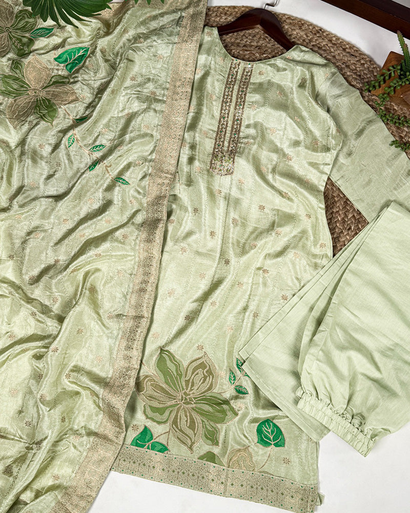 Womenline Pista Color Pure Viscose Silk Three Piece Kurti Suit