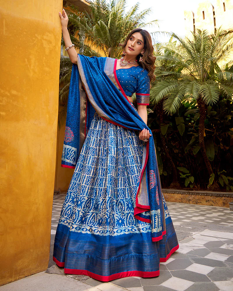 Womenline Blue Color Dola Silk Batik Printed Lehenga Choli