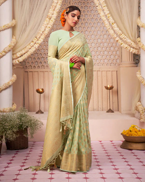 Womenline Pista Color Banarasi Jacquard Soft Silk Saree