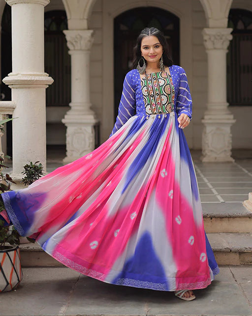 Womenline Blue Color Faux Georgette Bandhej Print Navratri Gown