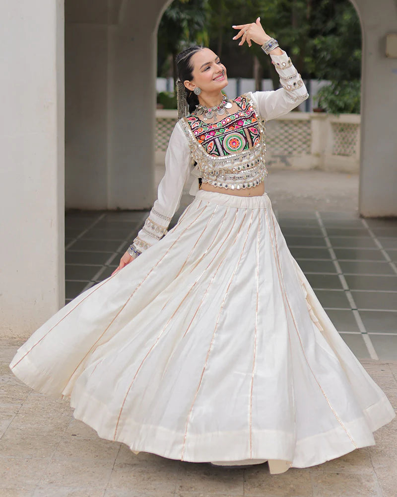 Womenline Off-White Color Roman Silk Navratri Lehenga Choli