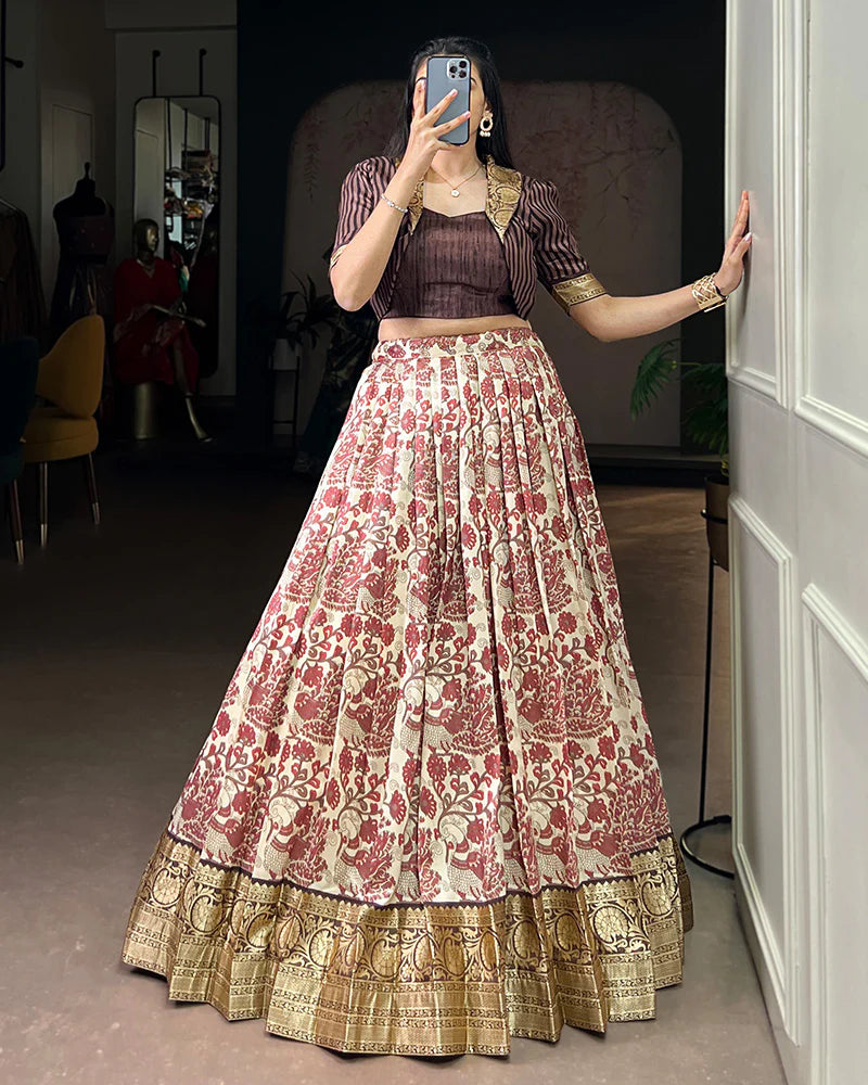 Womenline Brown Color Tasar Silk Viscose Printed Lehenga Choli