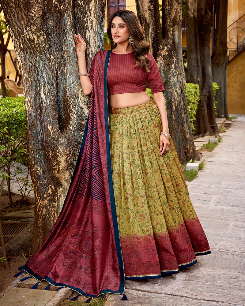 Womenline Crimson Color Vichitra Silk Printed Lehenga Choli