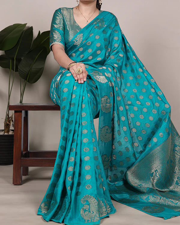 Womenline Firozi Color Roop Silk Zari Weaving Saree