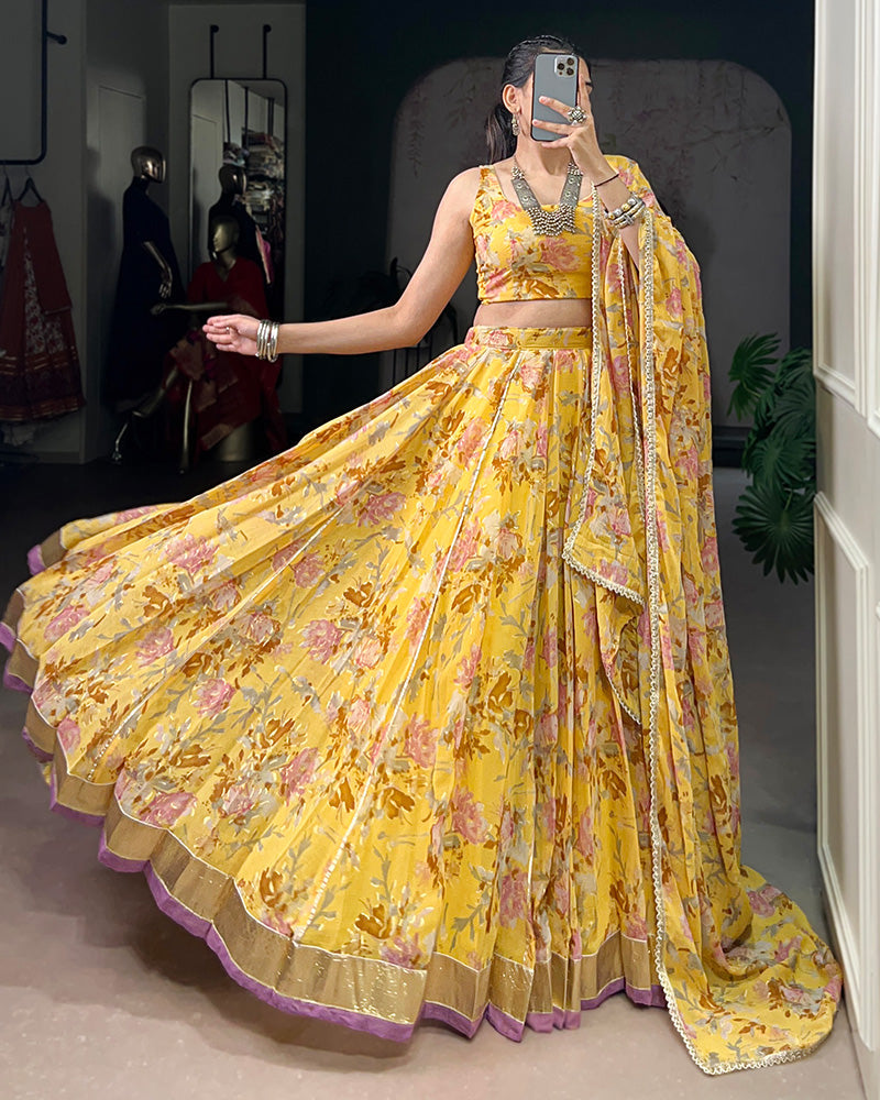 Womenline Yellow Color Chiffon Printed Lehenga Choli