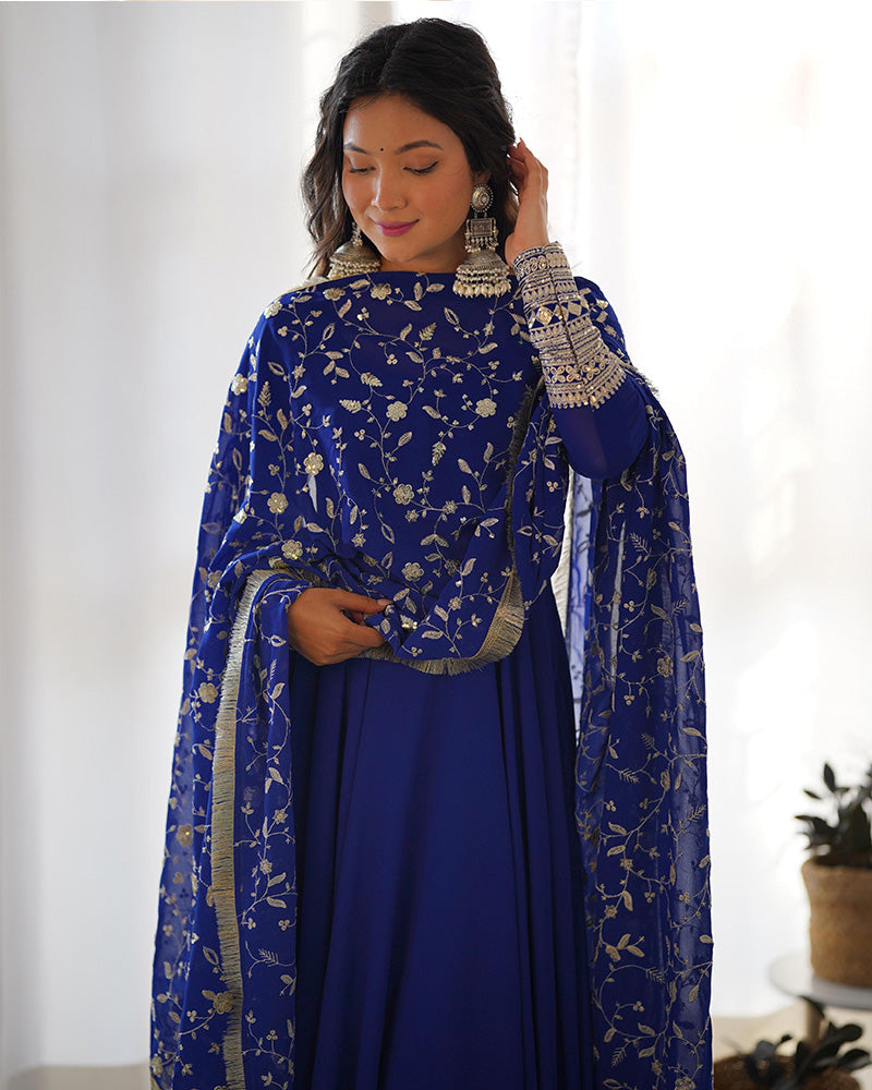 Womenline Blue Color Soft Georgette With Heavy Embroidery Work Dupatta Anarkali Suit