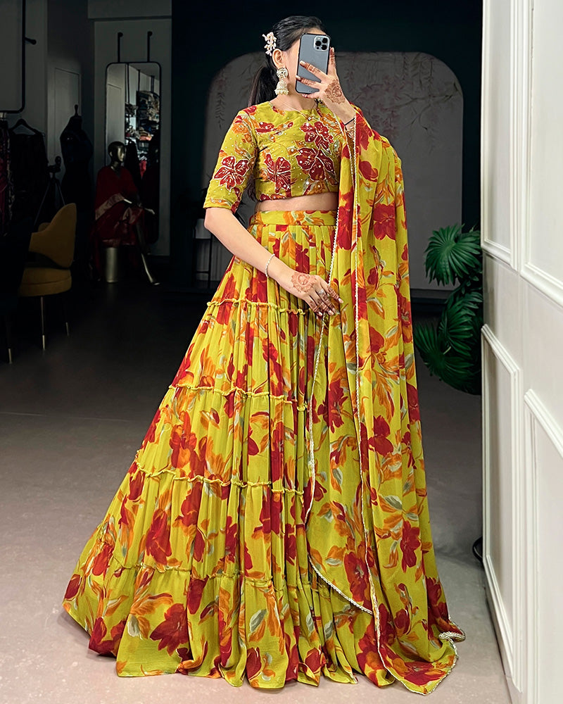 Womenline Olive Yellow Color Marble Floral Printed Lehenga Choli