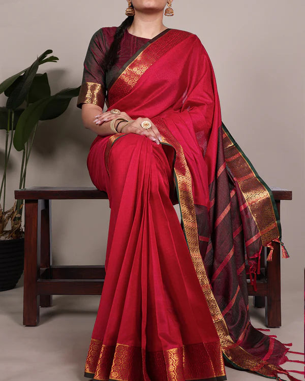 Womenline Red Color Zari Weaving Poly Cotton Saree
