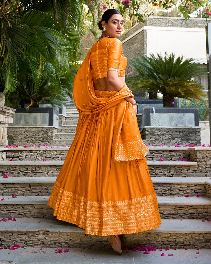 Womenline Yellow Color Pure Chanderi Plain Navratri Half Saree