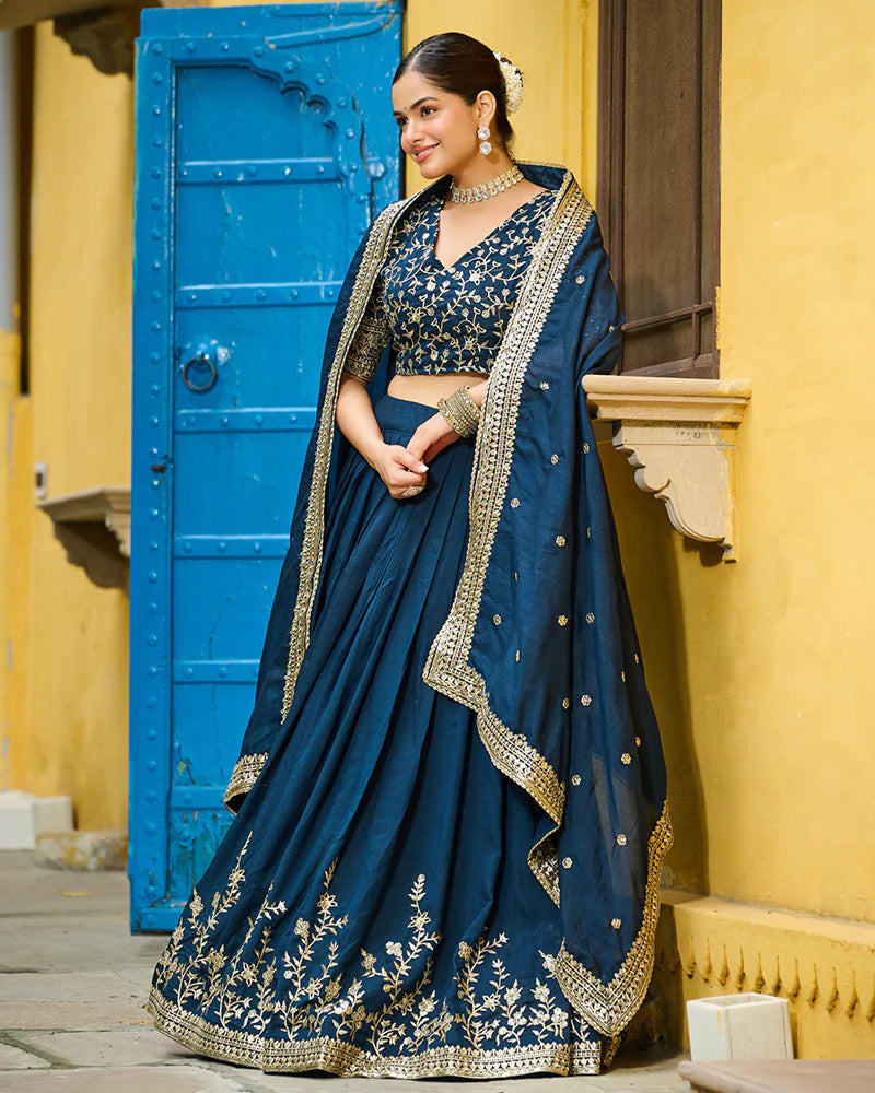 Womenline Rama Color Vichitra Silk Thread Embroidered Lehenga Choli