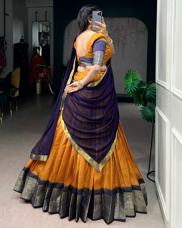 Womenline Mustard Color Dola Chex Zari Weaving Half Saree