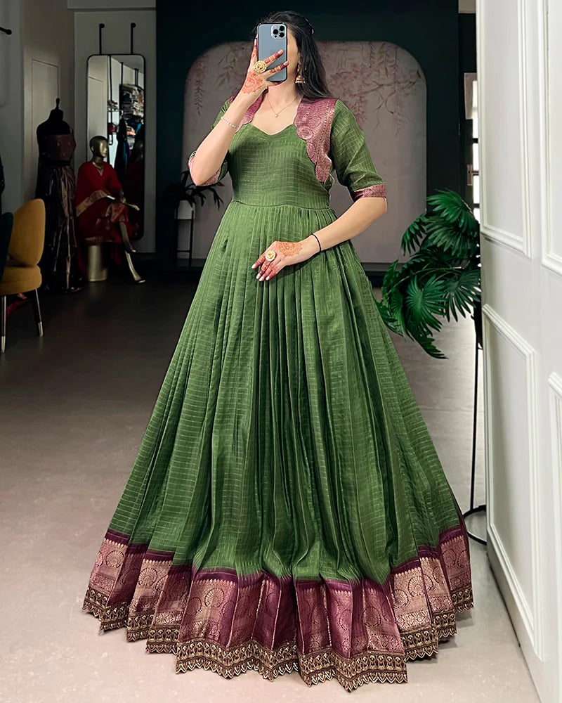 Womenline Mehndi Color Dola Chex Zari Weaving Gown