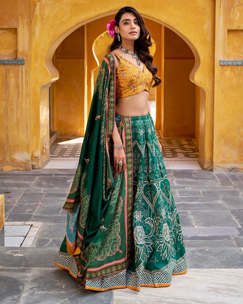 Womenline Bottle Green Color Vichitra Silk Printed And Embroidered Lehenga Choli