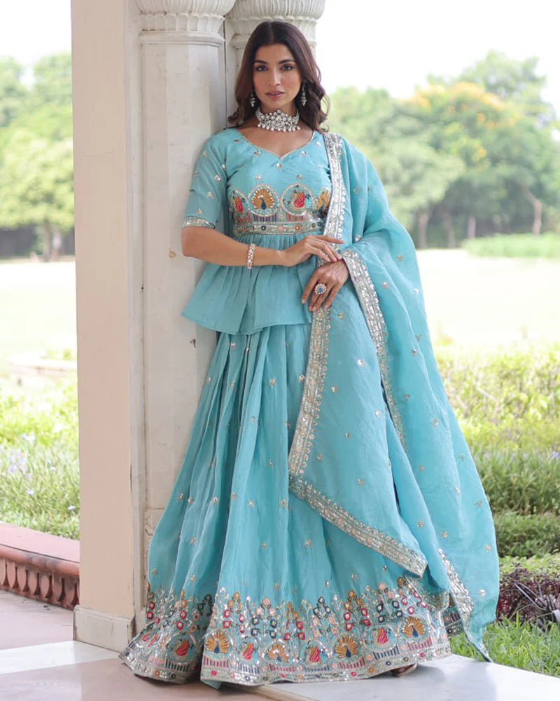 Womenline Sky Color Gold Crush Embroidered Lehenga Choli