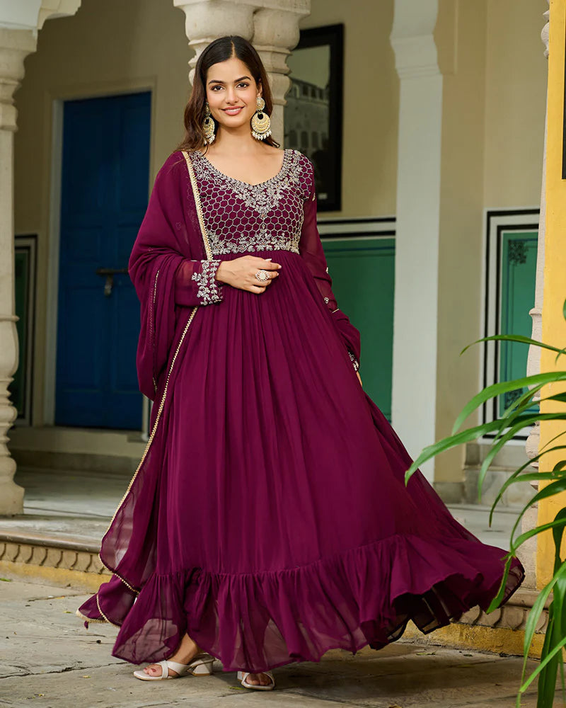 Womenline Wine Color Faux Blooming Beads Embroidered Gown