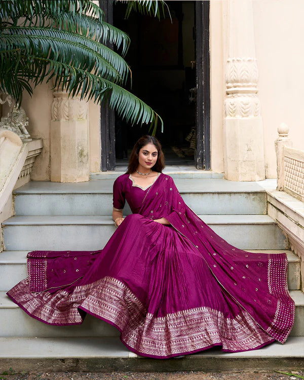 Womenline Wine Color Pure Chanderi Plain Navratri Half Saree