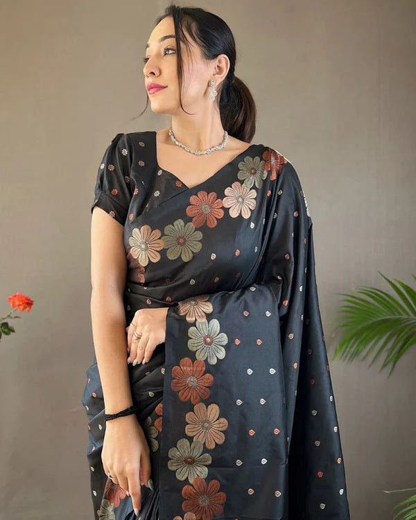 Womenline Jacquard Design Black color Soft Lichi Silk Saree